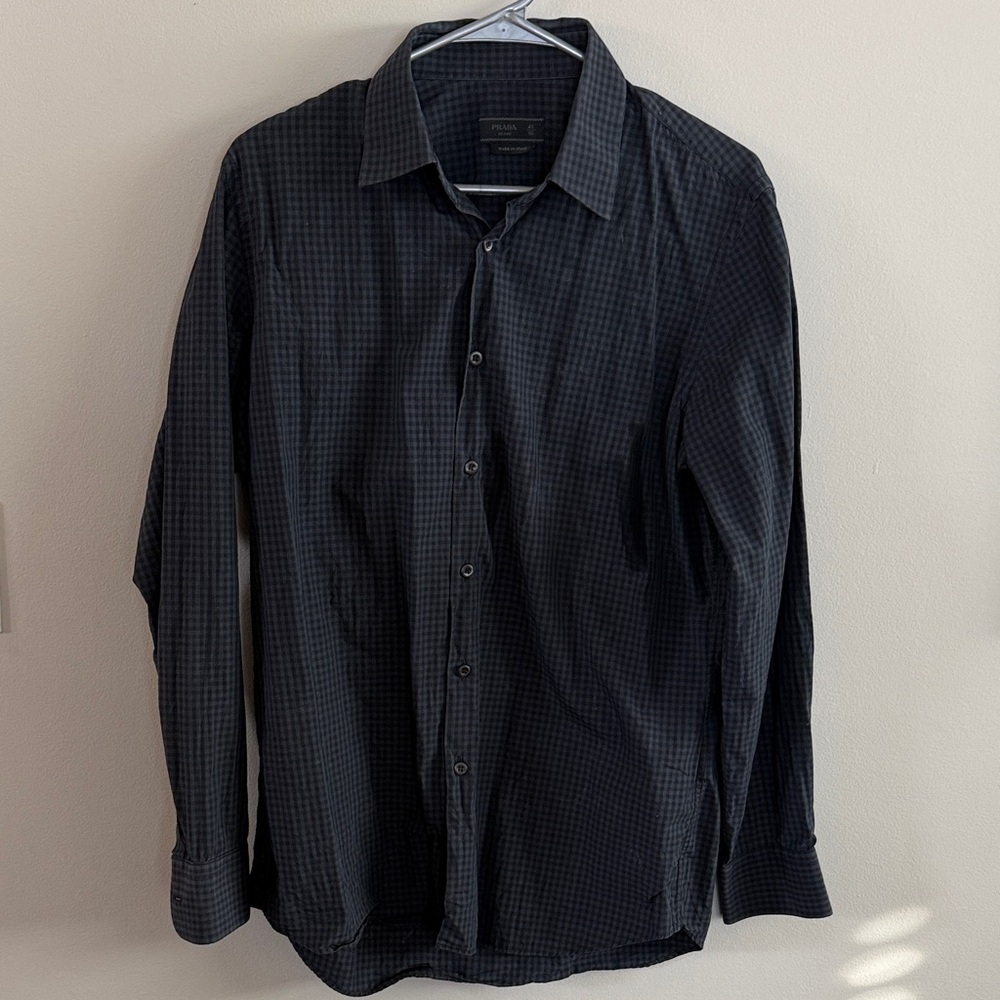 Prada Men's Dark Checkered Button Down Shirt